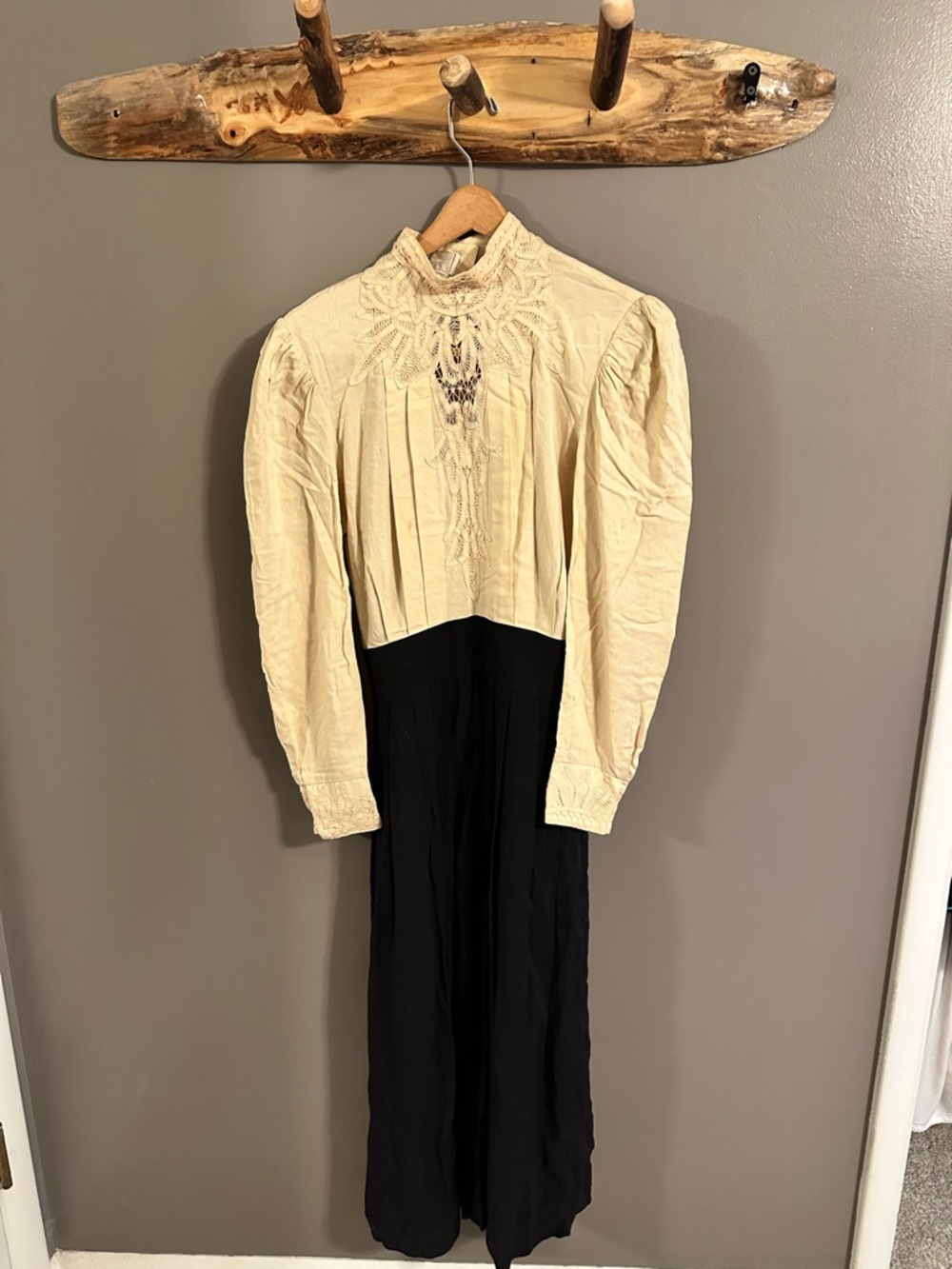 Antique Cream and Black Two-Tone Maxi Dress with Lace Collar